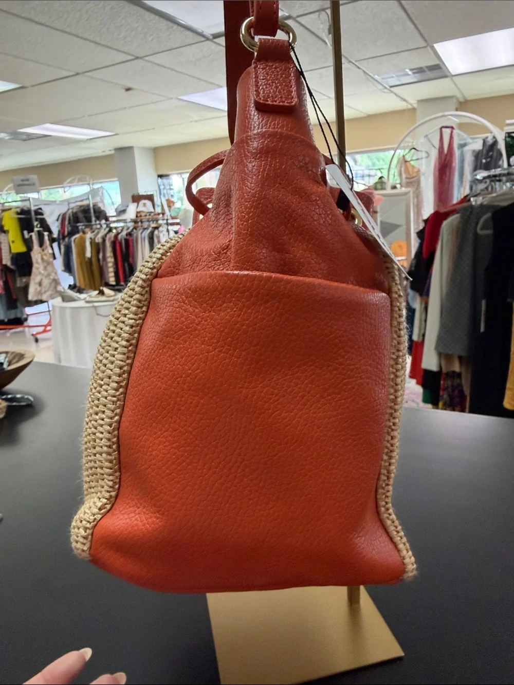 Textured Straw-Front Hobo Bag in Orange